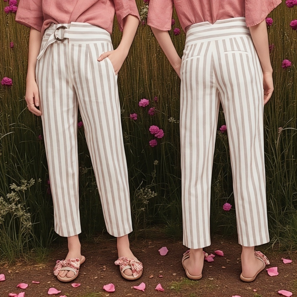 Anthropologie Oasis Tailored Striped Pants W/Attached D-Ring Belt Women’s Sz 4